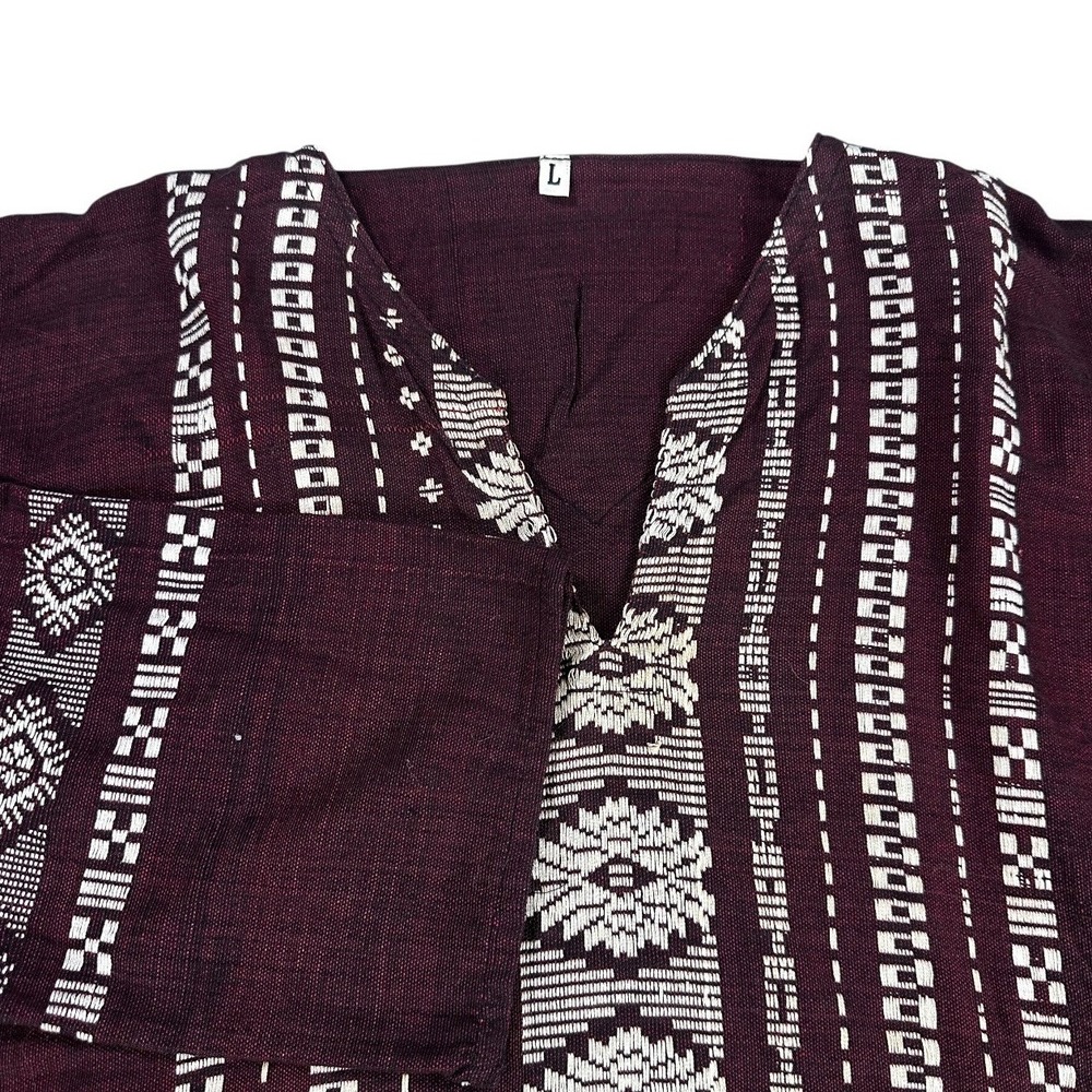 Unbranded Burgundy Woven Boho Tunic Large White Geometric Embroidery V-Neck